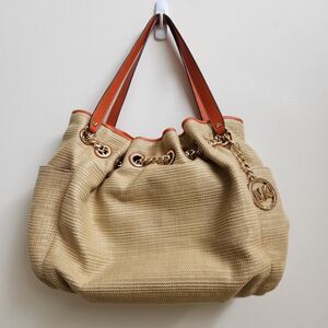 MICHAEL KORS Handbag Women Natural Burlap Canvas & Leather Strap Gold Chain Link